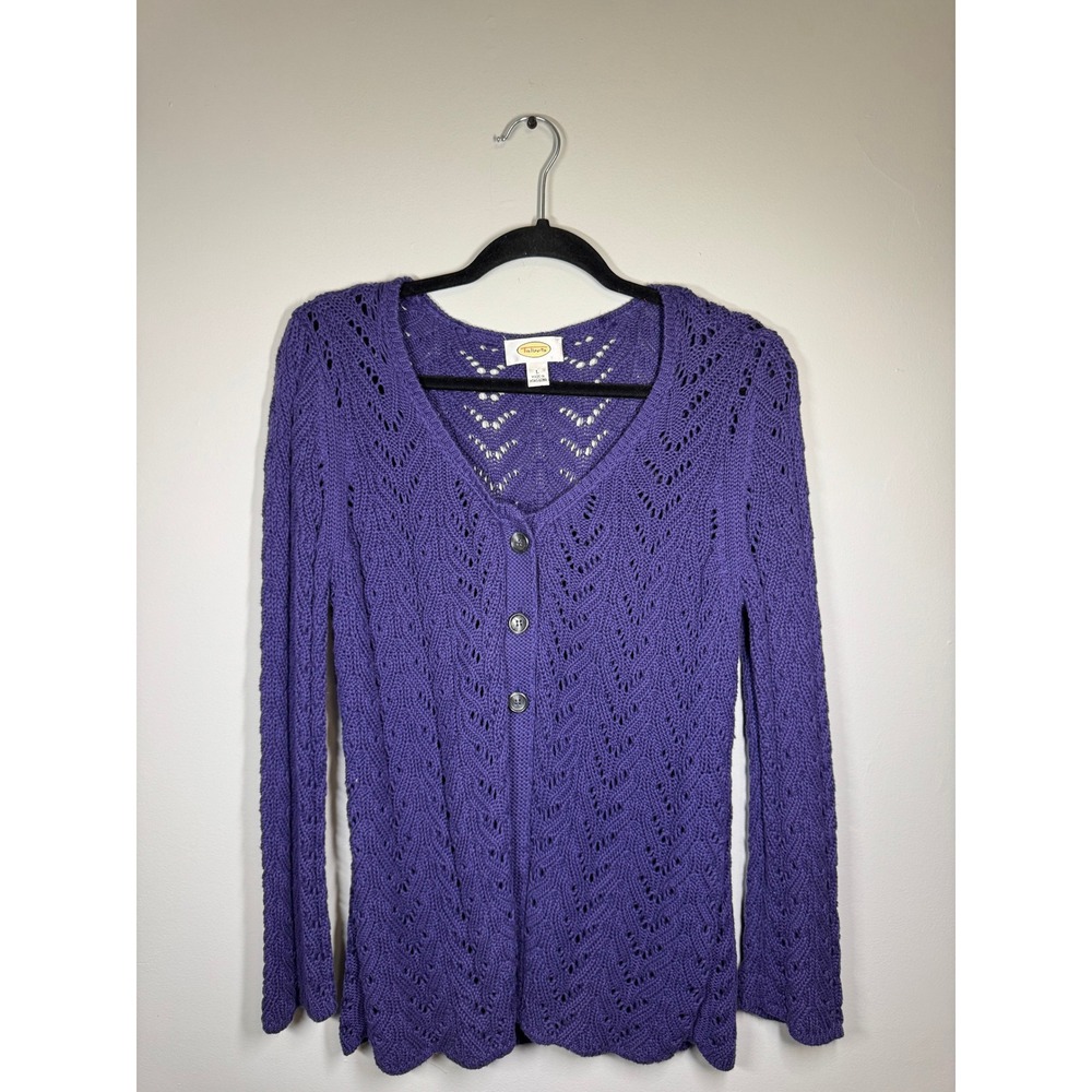Talbots Purple Pointelle Knit Cotton Cardigan Sweater V-Neck Scalloped Hem Large